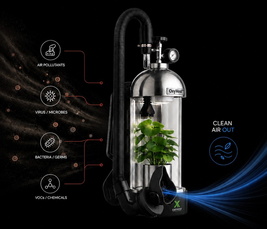 OxyVest filtration: air pollutants, viruses, bacteria and VOCs drawn in; clean air out