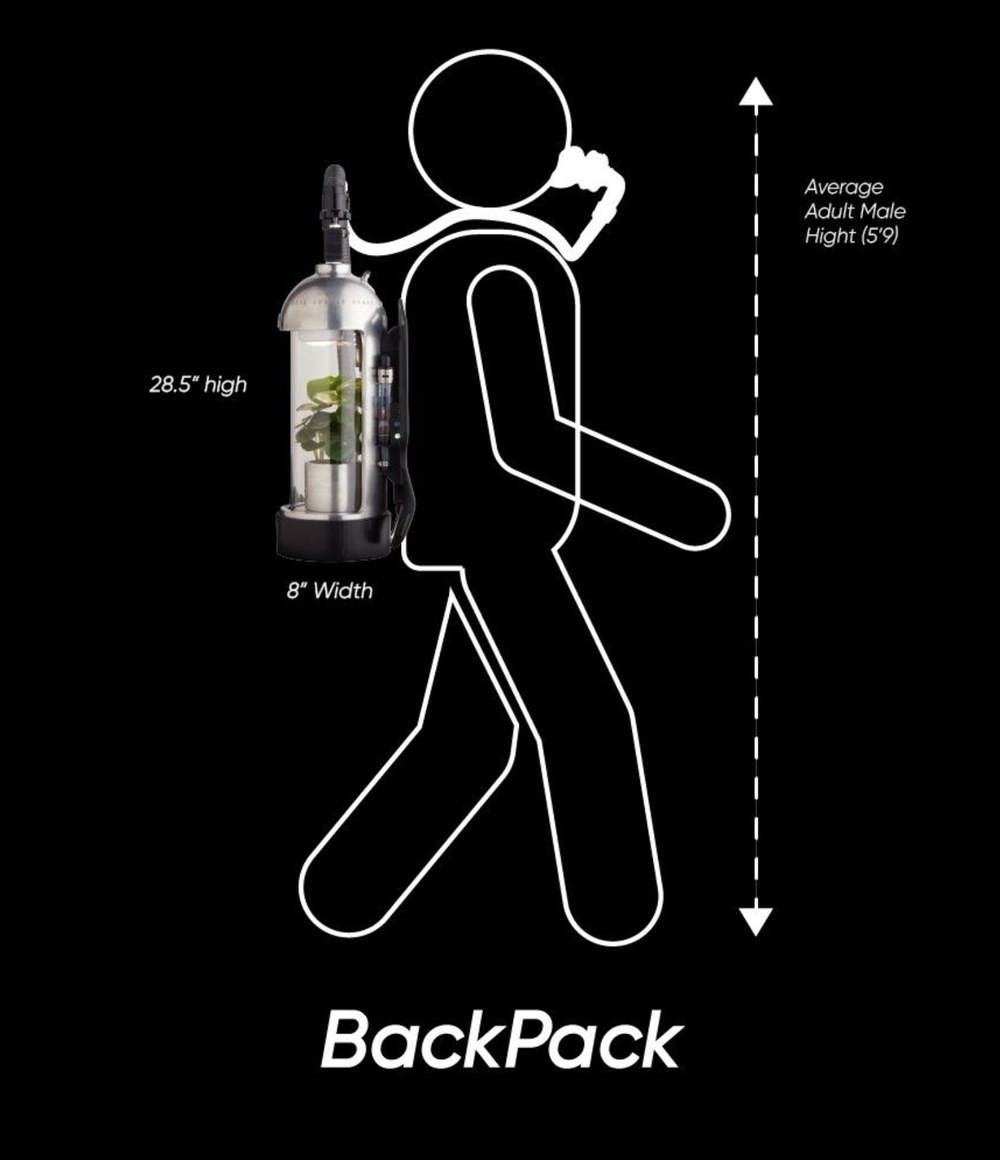 OxyVest worn as a backpack: 28.5 inches high, 8 inches wide, shown against an average adult male height of 5 feet 9